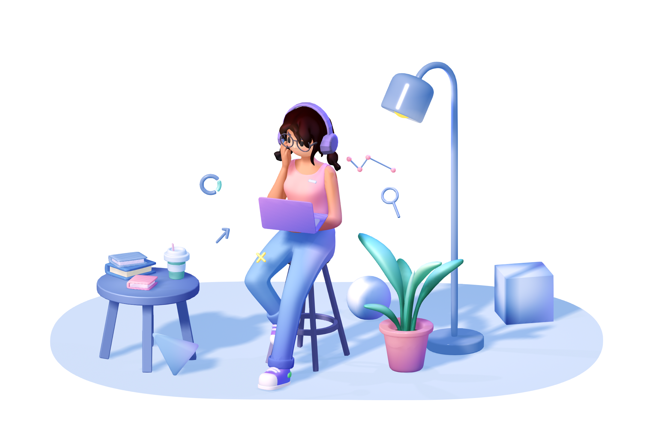 3d illustration of a girl sitting down looking at laptop with headphones on